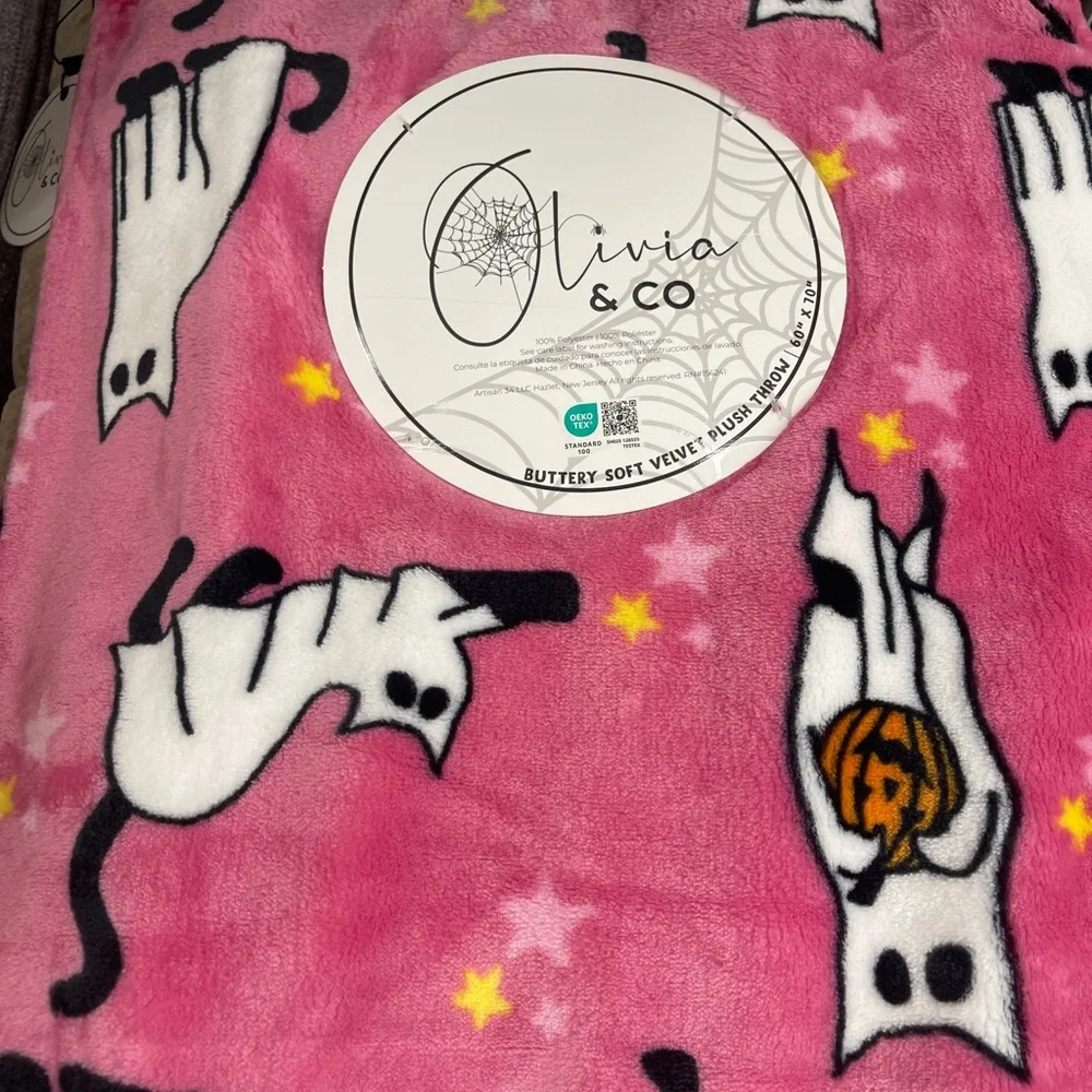 Pink Halloween Ghost Cats Black Cats with Pumpkins Fall Plush Blanket 60x70 NWT